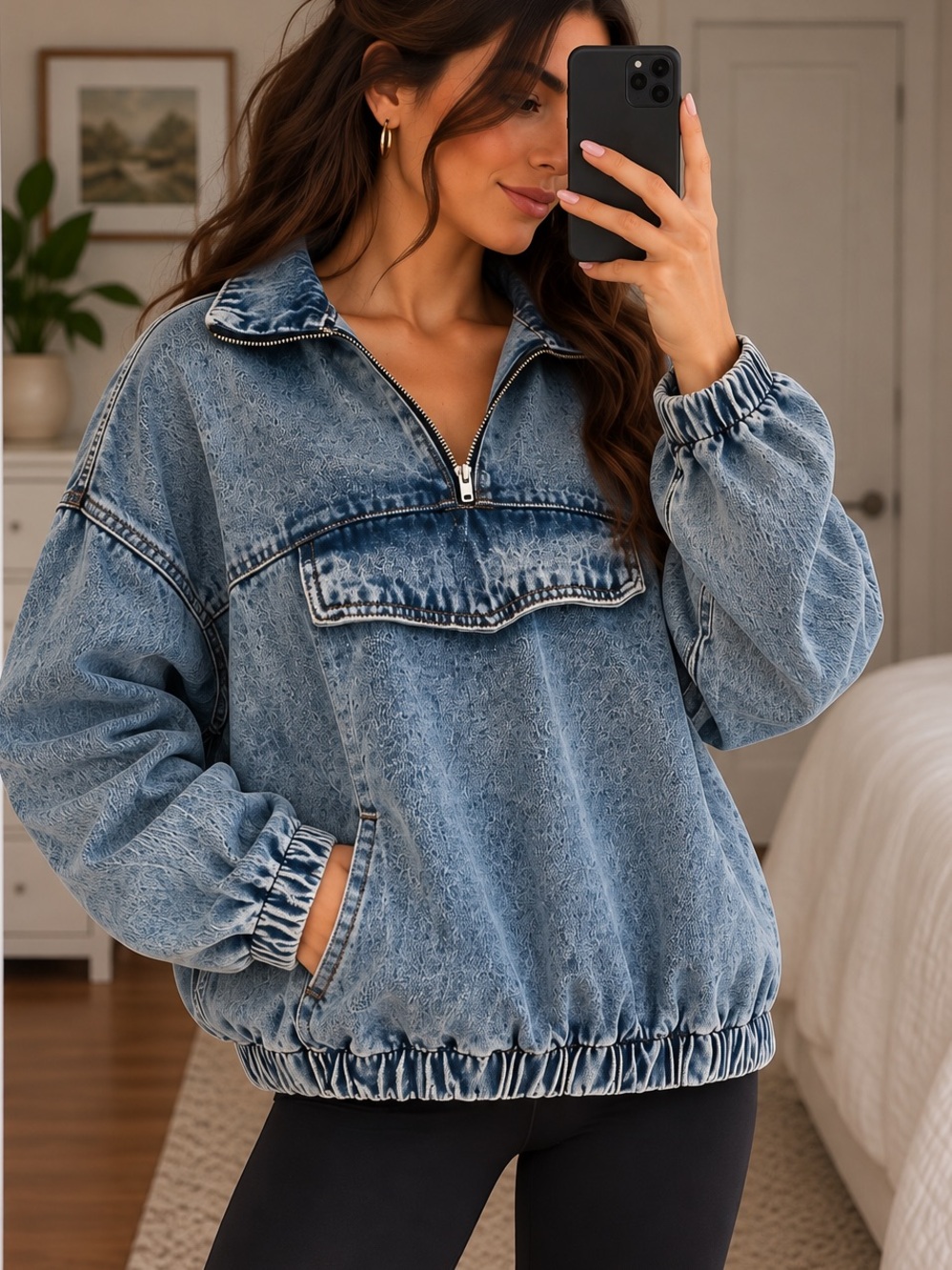 Boohoo Blue Acid Wash Oversized Denim Half Zip Pullover Jacket Size 8